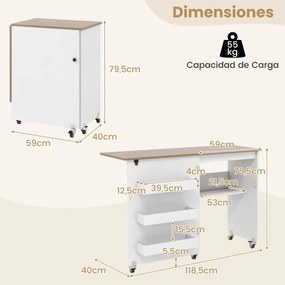 Mesa de costura dobrável com prateleira e 3 compartimentos ocultos com rodas bloqueáveis Natural e Branca