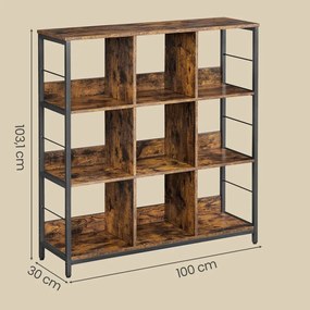 Estante com 3 prateleiras 100 x 30 x 103,1 cm, estante para livros com 9 compartimentos, Castanho vintage-preto
