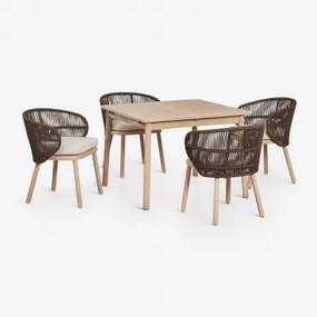 Conjunto De Mesa Extensível Karvia 100-160x100 Cm E 4 Cadeiras De Jantar Em Madeira De Acácia E Corda Trançada Capri Castanho Chocolate - Sklum