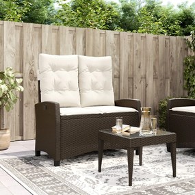 vidaXL Banco de jardim reclinável com almofadões vime PE castanho