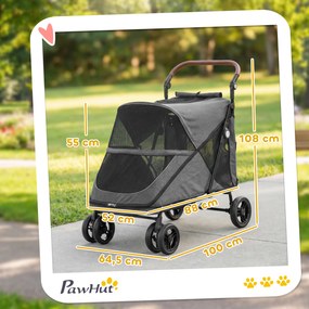 Carrinho para Cães Dobrável com um Botão até 30 kg com Suspensão em 4 Rodas Giratório e Travão de Pé Cinzento