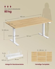 Secretária eletrica 160 x 80 x (72-120) cm com altura ajustável, porta USB e função de memória, cor carvalho dourado