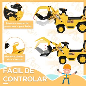 Carro Andador para Crianças acima de 3 Anos Escavadora Infantil com Pá Móvel Assento com Armazenamento Oculto e Buzina Carga Máxima 30kg 83x27x39cm Am