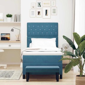 Cama Box com Colchão e Banco Azul Escuro 90x190 cm Veludo