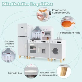 Cozinha de brincar 3 em 1 para crianças com frigorífico Máquina de lavar roupa Máquina de gelo Fogão Lava-loiça Forno com luzes e sons Cinzenta