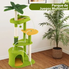 Arranhador para gatos com 122 cm de altura com vários níveis e folhas artificiais com Postes para arranhar de sisal  Verde e Laranja