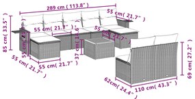 10 pcs conjunto sofás de jardim c/ almofadões vime PE preto