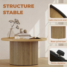 Mesa de centro redonda em madeira Ø 80 x 45 cm, mesa de sala com base canelada, estilo moderno, efeito de madeira natural