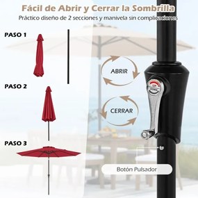 Guarda-sol 303 cm com mecanismo de inclinação de 25° e manivela, 8 varetas reforçadas para terraço, sem base, vermelho cor vinho