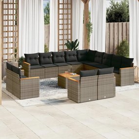 14 pcs conjunto sofás p/ jardim c/ almofadões vime PE cinzento
