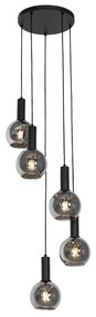 Candeeiro de suspensão Art Déco preto com vidro fumê redondo 5 luzes - Josje
