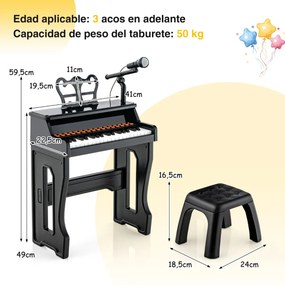 Piano para crianças de 3 anos eletrónico com 37 teclas, microfone ajustável e suporte de música amovível Preto