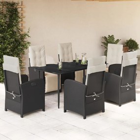 7 pcs conjunto de jantar p/ jardim c/ almofadões vime PE preto
