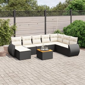 9 pcs conjunto de sofás p/ jardim c/ almofadões vime PE preto