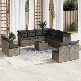 12 pcs conjunto de sofás jardim c/ almofadões vime PE cinzento