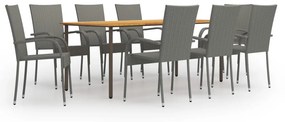 vidaXL 9 pcs conjunto de jantar para jardim vime PE cinzento