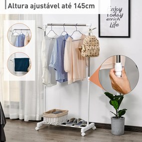 Charriot com Altura Ajustável Cabide com Rodas Portátil Prateleira Inferior Aço 68,5x42x87-145cm Branco e Prata