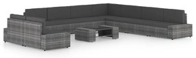10 pcs conjunto lounge de jardim c/ almofadões vime PE cinzento