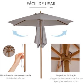 Chapéu de Sol de Madeira Ø250x230 cm para Exterior com 6 Hastes Sistema de Corda com Fixação Desmontável Portátil Cinza