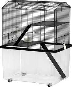 Gaiola para hamsters e roedores de 3 andares 57 x 43 x 74 cm, com rodas, plataforma e escada em arame de aço, preta
