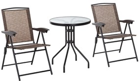 Outsunny Conjunto de Mesa e 2 Cadeiras  Cadeira Dobrável Encosto Reclináveis a 4 Níveis  Armação de Aço Marrom