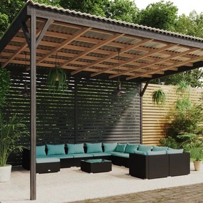 vidaXL 12 pcs conjunto lounge de jardim c/ almofadões vime PE preto
