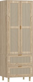 HOMCOM Armário quarto guarda-roupa com 2 portas em rattan, 2 gavetas e barra de suspensão, 63 x 47 x 185 cm, madeira natural | Aosom Portugal