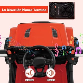 Carro elétrico para crianças 12V com comando à distância, volante, painel musical, buzina, faróis, espelhos rebatíveis, 4 rodas, vermelho