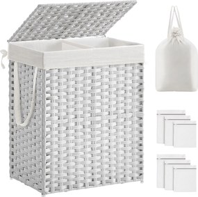 Cesto da roupa suja branco, 90 L, 33 x 46 x 60 cm com 2 compartimentos, trançado à mão e com tampa Branco