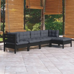 vidaXL 5 pcs conjunto lounge de jardim c/ almofadões pinho preto