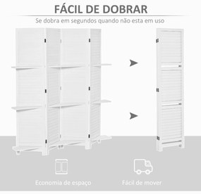 Biombo de 4 Painéis de Madeira Separador de Ambiente Dobrável com 3 Prateleiras Removíveis Desenho Persiana para Dormitório Escritório 160x170cm Branc