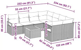 Conjunto de Sofás de Jardim 9 Peças com Almofadas Pretas em Rattan de