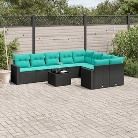 10 pcs conjunto de sofás p/ jardim c/ almofadões vime PE preto