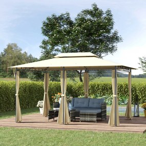 Pérgola de Jardim com Estrutura de Aço Teto Duplo 6 Cortinas Laterais 8 Orifícios de Drenagem 300x400x280 cm Creme