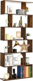 Estante decorativa em forma de S  80 x 23 x 191 cm com 6 prateleiras de madeira multifuncional para sala, quarto ou escritório Café