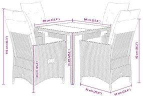 5 pcs conjunto de jantar p/ jardim c/ almofadões vime PE preto