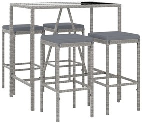 5 pcs conjunto de bar p/ jardim c/ almofadões vime PE cinzento