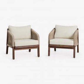 Pack De 2 Cadeirões De Jardim Em Madeira De Acácia Dubai Castanho-acácia Escuro & Tecido Gardénia Branco - Sklum