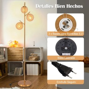 Candeeiro de pé com 3 globos com interrutor e 3 casquilhos de lâmpada E27 Poste de metal Poste de metal moderno para quarto Dourado