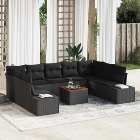 vidaXL Conjunto de Sofá de Jardim de 10 Peças com Almofadas Preto Vime Sintético Acácia