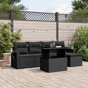 6 pcs conjunto sofás de jardim c/ almofadões vime PE preto