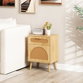 Mesa de cabeceira 45 x 30 x 61 cm de vime com gaveta e porta decorado com pernas de madeira maciça Natural