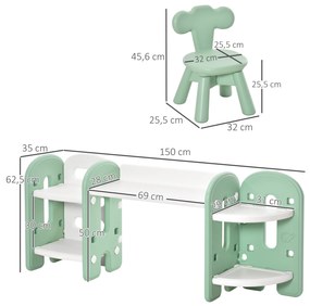 HOMCOM Conjunto de Mesa e Cadeira Infantil 2 em 1 com Prateleira Conjunto de Mesa e Cadeira para Crianças com 4 Prateleiras de Armazenamento para Livros Brinquedo 150x35x62,5cm Verde e Branco