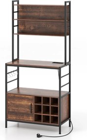 Armario de cozinha 80 x 40 x 170 cm com 2 tomada e 2 portas USB, com ganchos e prateleiras para garrafas de vinho 80 x 40 x 170 cm Castanho