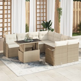 Conjunto de Sofás de Jardim de 9 Peças com Almofadas Bege Polyrattan,