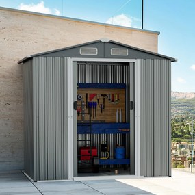 Abrigo Jardim 196 x 142 cm de armazenamento para exterior com 4 ventilações Portas Rampa Luvas Organizador de ferramentas Cinza