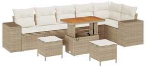 Conjunto de Sofá para Jardim de 9 Peças com Almofadas Bege Rattan Poli