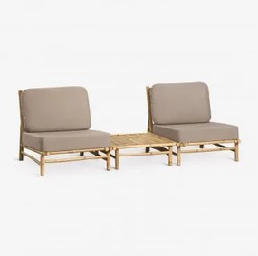 Conjunto De Jardim Com 2 Poltronas E Mesa De Centro Quadrada 75x75 Cm Em Bambu Isendra Tecido Castanho Moca - Sklum