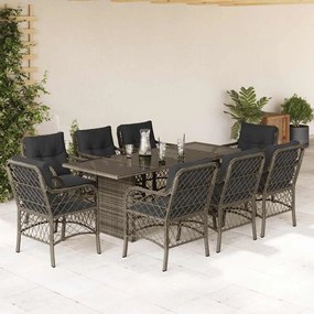 9 pcs conjunto de jantar p/ jardim c/ almofadões vime PE cinza