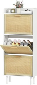 Sapateira com 3 portas basculantes e prateleira com efeito de resina trançada, estilo boémio, 65 x 24,5 x 153 cm, branco